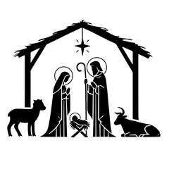 baby Jesus in the manger with Mary and Joseph vector black silhouette Christmas