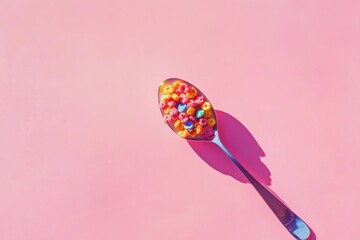 A spoon filled with colorful cereal and milk on a pink background in a minimalist food setting
