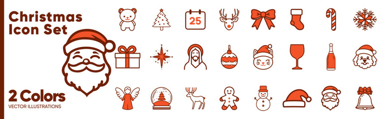 Red Icons in Two Colors: Christmas Holidays Set with Santa Claus, Snowman, Christmas Tree, Reindeer, Decorations, and Gifts
