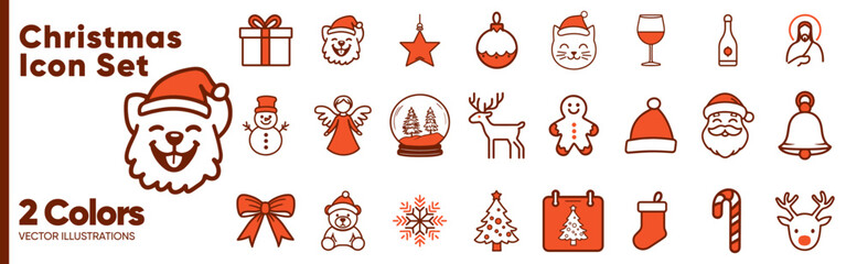 Santa Claus, Snowman, Christmas Tree, Reindeer, Decorations, and Gifts: Red Icons in Two Colors for Christmas Holidays
