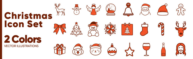Red Icons in Two Colors: Set for Christmas Holidays with Santa Claus, Snowman, Christmas Tree, Reindeer, Decorations, and Gifts

