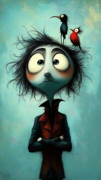 cartoon bird head horror insomnia stressed expression overconfident holding nevermore shoulder seemless