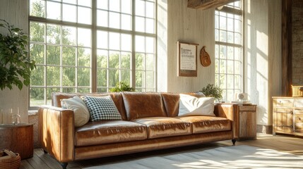 Fototapeta premium Hyperrealistic photo of a vintage leather sofa in a sunlit living room with rustic accents and large windows. The bright, cozy atmosphere is captured with high-end magazine styling, in ultra-sharp