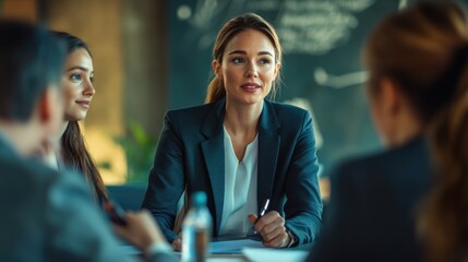 High-resolution photorealistic image of a businesswoman confidently engaging with her team during a presentation. Styled like a high-end magazine feature, the professional color grading and 32k