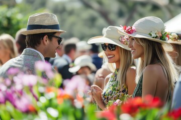 Stylish crowd enjoying a vibrant spring racing carnival in an elegant garden setting with colorful flowers and fashionable attire