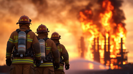 Brave firefighters in protective gear face blazing industrial fire, showcasing their courage and determination in critical situation