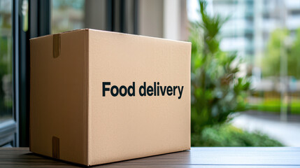 cardboard box labeled Food delivery sits on table, surrounded by greenery and urban scenery, symbolizing convenience and modern living