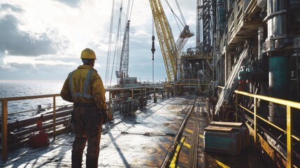 Naklejka premium Hyperrealistic photo of: Oil worker on deck, looking toward the horizon while surrounded by cranes and drilling equipment. The professional-grade image, taken with a 32k camera, showcases sharp