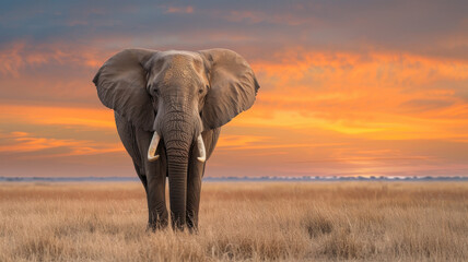 Obraz premium A powerful African elephant standing in a grassy savanna during sunset, with vivid orange skies highlighting its silhouette.