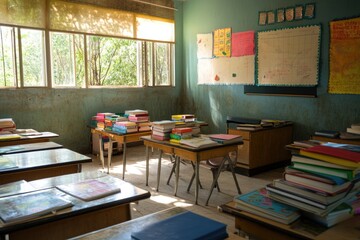 Early morning classroom setup with books and supplies, Monday morning, educational preparation