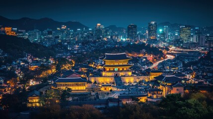 Obraz premium A vibrant night scene in the heart of Seoul, showcasing its mix of traditional palaces