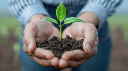 Person holds small green plant in soil, symbolizing growth and nurturing. hands convey care and hope for future