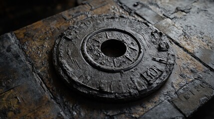 Obraz premium A close-up of a rusty, circular, metal object with numbers on it, on a wooden surface.