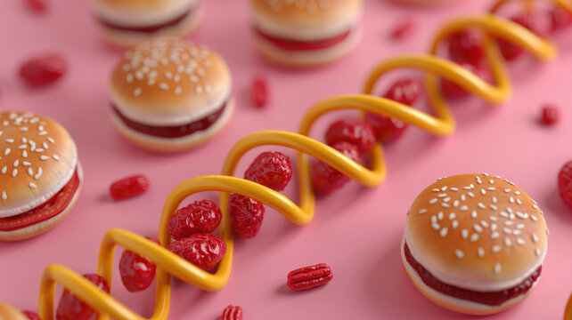 Artistic depiction of FTO gene concept using Candy burgers and DNA strand on pink background, representing obesity and junk food connection.