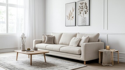Fototapeta premium A realistic photo of a sleek living room with a beige sofa against white walls A soft rug under the coffee table and decorative wall art enhance the modern, cozy feel Cushions and throws offer
