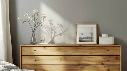 Wooden dresser with a vase of flowers, a picture frame, and a decorative object on top, with sunlight streaming in through a window behind.