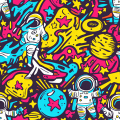 Obraz premium A vibrant, colorful pattern featuring astronauts, stars, and planets in a playful space theme.