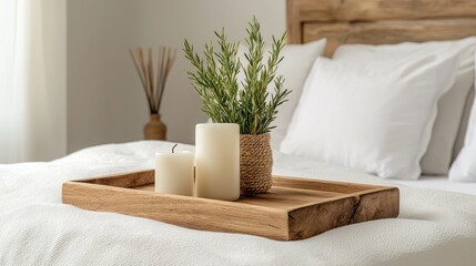 Wooden tray with candles and a plant on a bed. (1)