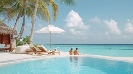 Couple relaxing by the poolside under an umbrella at a tropical beach resort on a sunny day