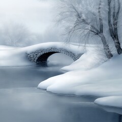 snowy landscape stone bridge frozen river gorgeous white room inspiring calm serene relaxed space intertwined dissolving surreal dreamy poetic avatar