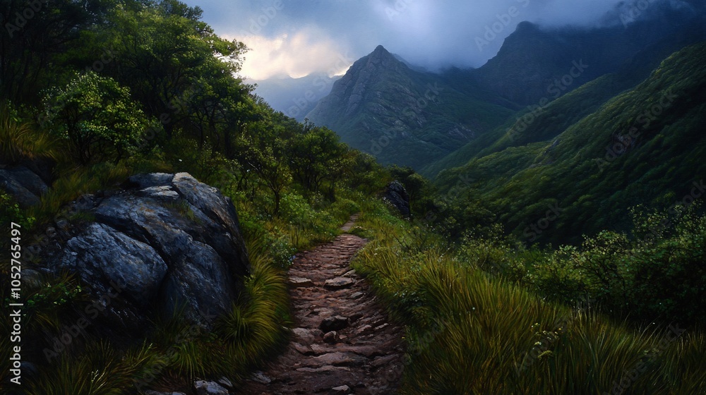 Poster a winding path through lush green mountains with a dramatic cloudy sky.