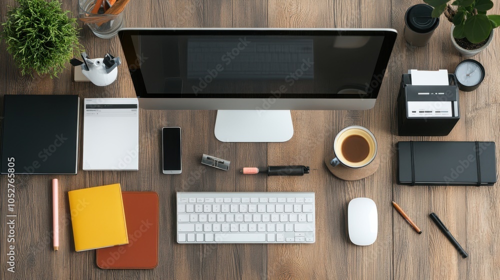 Poster clean and organized business computer desk with a powerful desktop setup, featuring