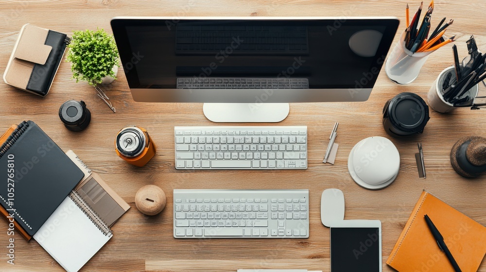 Poster clean and organized business computer desk with a powerful desktop setup, featuring