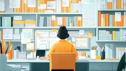 Obraz premium Busy worker at a cluttered desk sorting through piles of documents in a modern office during the day. Generative AI