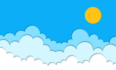abstract cartoon illustration of daytime sky with sun. paper art style, sun and clouds on clear night sky background