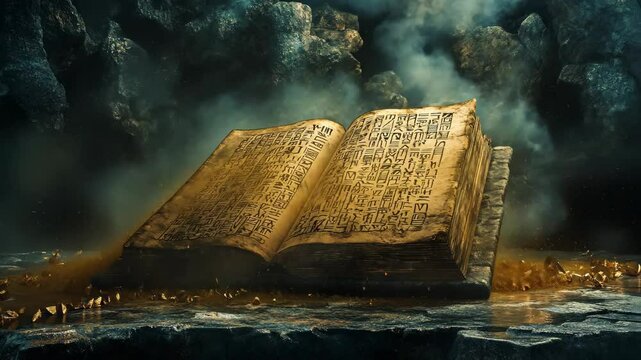 An open book with ancient writing rests on a rocky surface, shrouded in mist