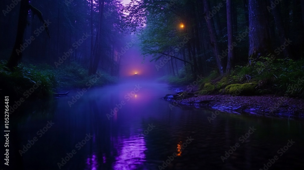 Poster a misty forest path with a river in the foreground. the path is lit by a light in the distance.