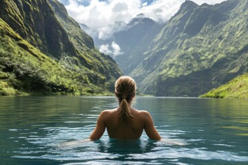 Fototapeta premium Young woman finds tranquility in a serene river surrounded by lush green mountains during a peaceful escape into nature