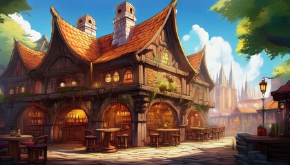 Fototapeta premium DnD Battlemap Tavern Exterior in Fantasy City AI Generate