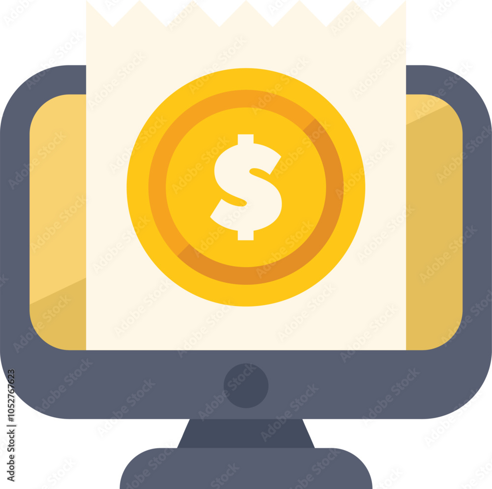 Aufkleber computer is displaying an online payment with a golden coin featuring a dollar sign