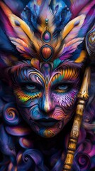 A woman with vibrant, colorful makeup and feathers in her hair stares intensely at the camera.