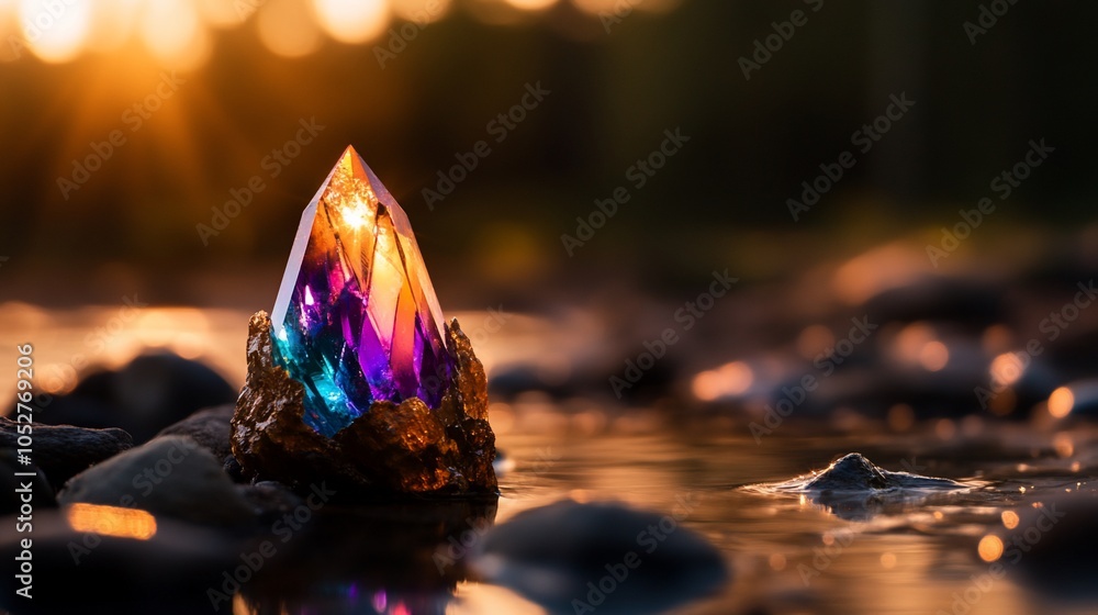 Poster a colorful crystal sits on a rock in a shallow stream, illuminated by the warm glow of the setting s