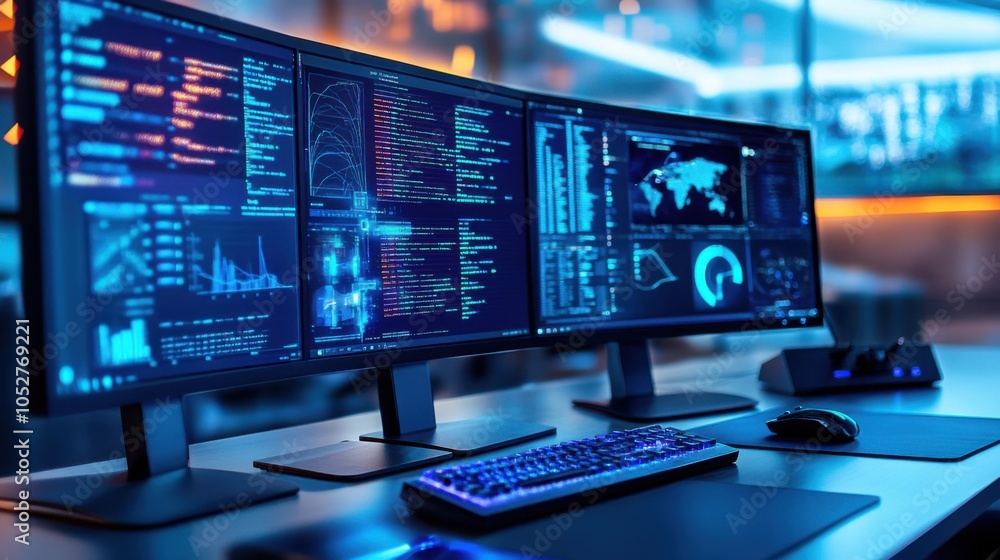 Poster professional office computer setup with a large display, customized for business tasks,