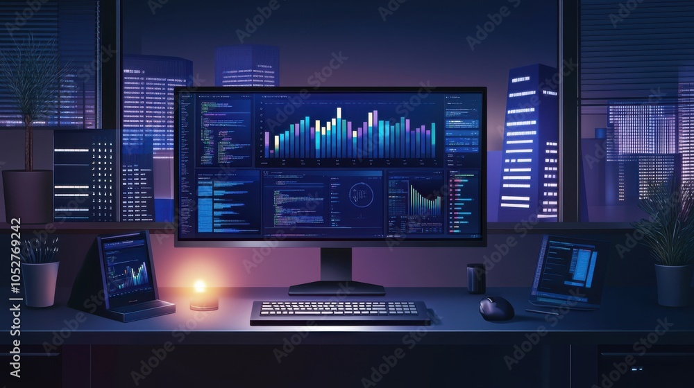 Poster professional office computer setup with a large display, customized for business tasks,