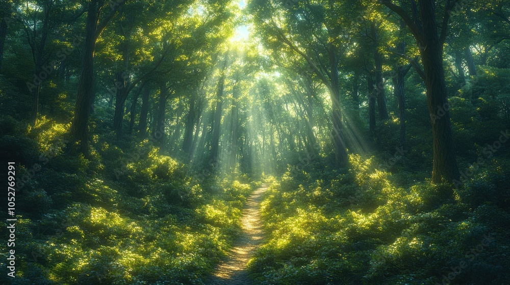 Poster serene forest path illuminated by soft sunlight through trees.