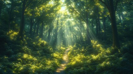 Obraz premium Serene forest path illuminated by soft sunlight through trees.