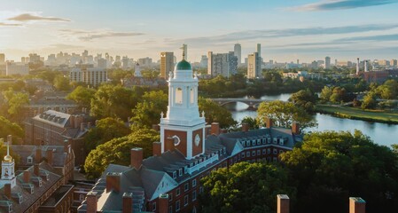 View from Harvard University campus over the Charles River at sunrise. Cambridge, Massachusetts,...