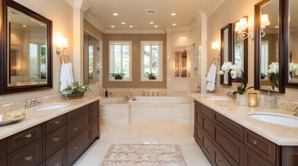 A luxurious bathroom with a large soaking tub, double vanity, and large windows.