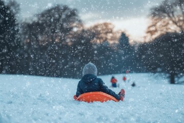 Fototapeta premium A child enjoys winter activities on a snowy hill. Surrounded by nature, the thrill of snow tubing brings joy and excitement to this chilly day. Generative AI