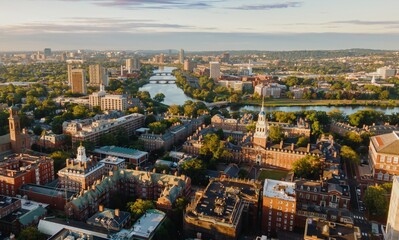 View from Harvard University campus over the Charles River at sunrise. Cambridge, Massachusetts,...