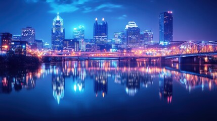 The capital city iconic buildings and bridges lit up at night, creating a breathtaking cityscape