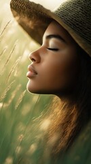 woman hat eyes closed field grass skin tone breath condensation floating particles inner peace mixed race serenity symmetry
