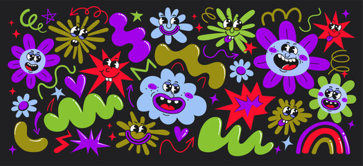Set of funky groovy cartoon characters and abstract shapes: star, cloud, heart, flower, paint stain, rainbow. Cute kid doodle vector design elements for banner, print, sticker, wrapping, wallpaper.
