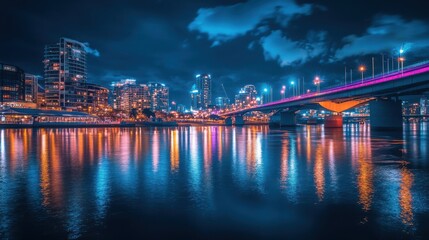 Fototapeta premium The capital city waterfront area at night, showcasing the beauty of illuminated bridges