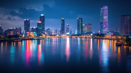 The dazzling skyline of the capital city at night, with skyscrapers illuminated by vibrant