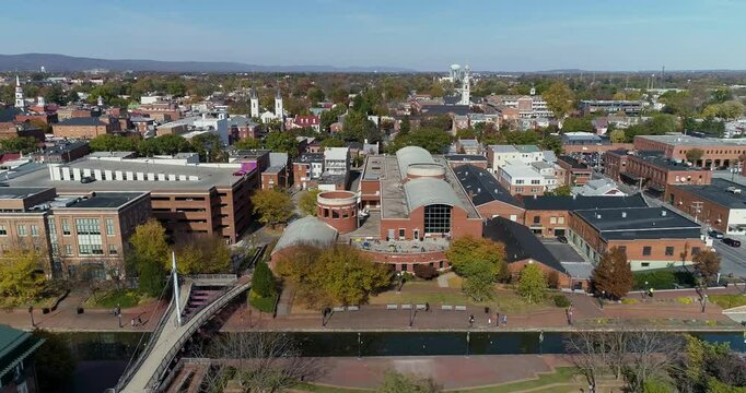 Carroll Creek Park River Walk in Downtown Frederick MD, Aerial Drone Shot